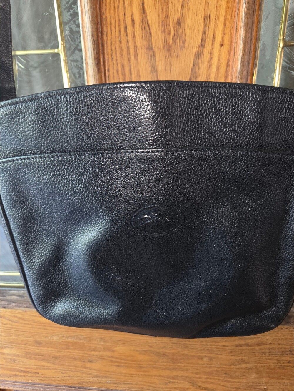 Longchamp Vintage Black Pebbled Leather Shoulder Bag with Embossed Logo